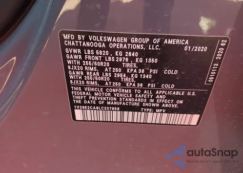 2020 Volkswagen Atlas Cross Sport 3.6L V6 Se W/Technology/3.6L V6 Se W/Technology R-Line из США, поврежденный, VIN 1V26E2CA8LC207958